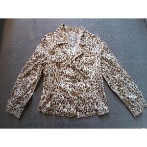 Tria Womens Jacket L large cheetah print 2 pocket long sleeve cotton Spandex